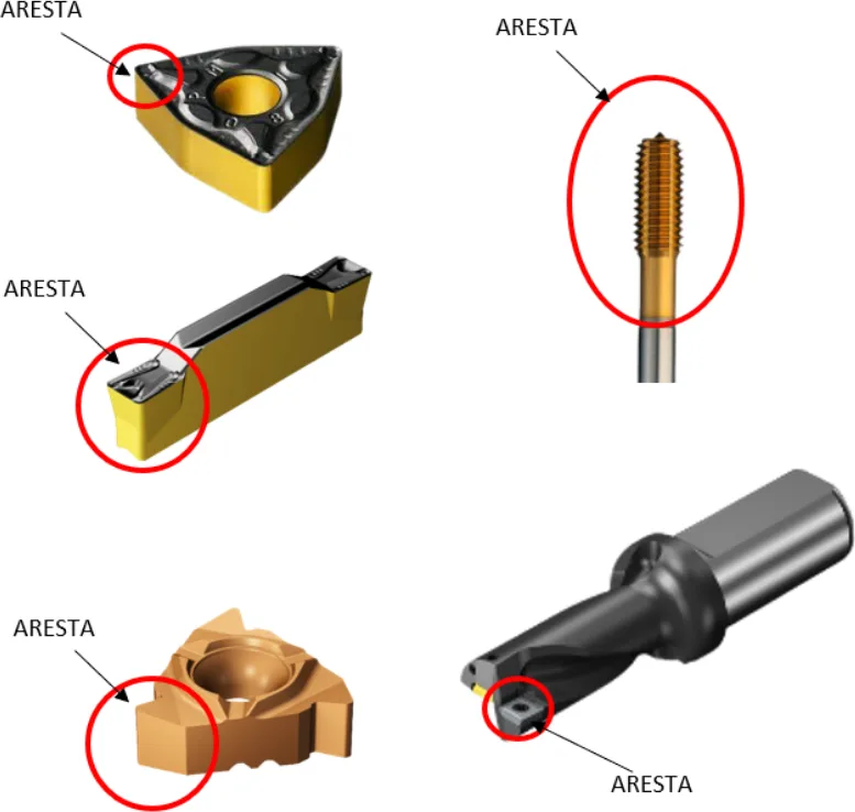 Pastilhas de torneamento, de bedame e de rosca, macho e broca, com a aresta de corte circulada em cada uma.