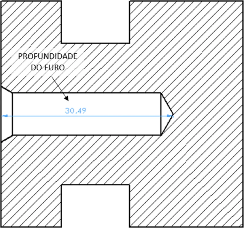 Corte de peça mostrando um furo profundo, com a cota da profundidade do furo.