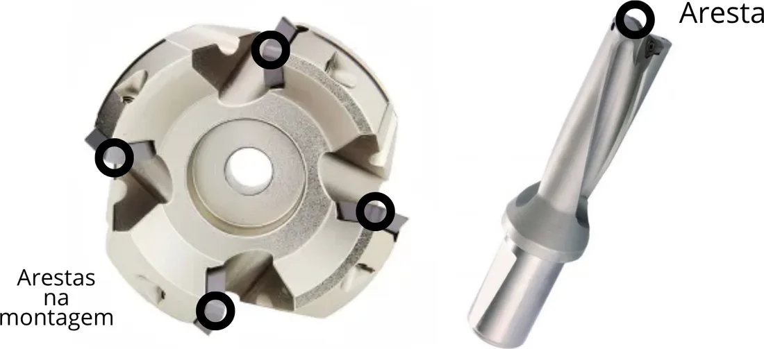 Fresa de facear com várias arestas circuladas e broca de pastilha com a aresta circulada.